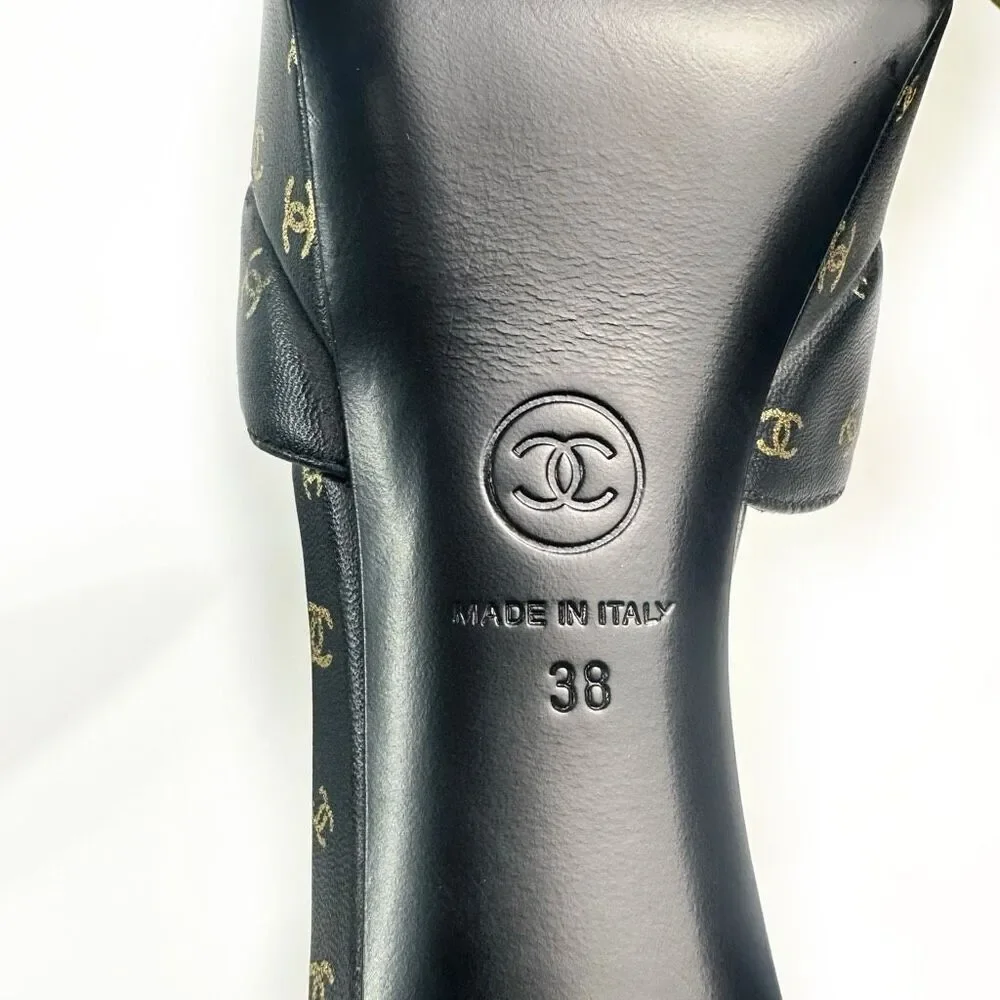 CHANEL 2023 All Over Interlocking CC Logo Black Heels Size 38 Platform Cap Toe
